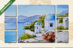 Többrészes Vászonkép, Premium Kollekció: Santorini, ház a tenger közelében (olajfestmény reprodukció)(135x80 cm, W01)
