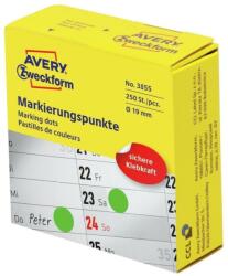 AVERY Etikett címke, o19mm, tekercses jelölőpont adagoló dobozban 250 címke/doboz, Avery zöld (3855) - tintasziget