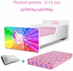 Produs in Romania Pachet Promo Patut Fetite 2-12 Ani Creativ Rainbow Unicorn, Cu Saltea Cu Lana Si Husa Impermeabila - ASC-ch-pro-str-runc-80 (PC-PCH-PRO-STR-RUNC-80)