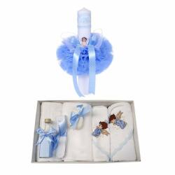  Set trusou botez brodat ingeras si lumanare decorata cu tul bleu pentru Baietel Denikos® 99 - NKO1654 (NKO1654)