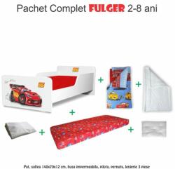 Produs in Romania Pachet Promo Complet Pat Creativ Fulger Baieti 2-8 Ani Cu Saltea Cu Lana 140x70, Husa, Lenjerie Pat, Pilota, Perna Incluse (PC-PCH-CMP-PRO-STR-FLG-70)