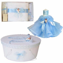 Trusou de botez Baiat plus lumanare botez si cutie trusou cu ingeras si dantela bleu Denikos® 477 NKO2034 (NKO2034)