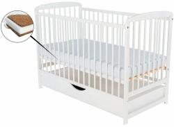 BabyNeeds - Patut din lemn Ola 120x60 cm cu sertar alb + saltea 8 cm (BOOLA8CM02AL)