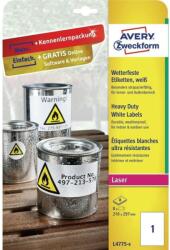 AVERY Etikett címke, 210 x297mm, időjárásálló poliészter, 1 címke/ív, 8 ív/doboz, Avery fehér (L4775-8) - tintasziget