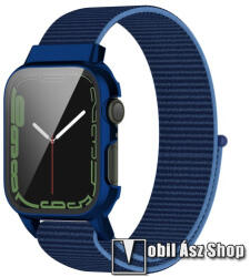  Okosóra szövet szíj és műanyag védő keret - tépőzáras, 75 + 120mm hosszú, 9H edzett üveg előlap védő is! - SÖTÉTKÉK - APPLE Watch Series 7 (45mm) / Series 8 (45mm) / Series 9 (45mm)