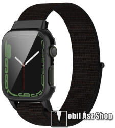  Okosóra szövet szíj és műanyag védő keret - tépőzáras, 75 + 120mm hosszú, 9H edzett üveg előlap védő is! - FEKETE - APPLE Watch Series 7 (41mm) / Series 8 (41mm) / Series 9 (41mm)