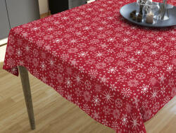 Goldea karácsonyi pamut asztalterítő - hópihék piros alapon 80 x 80 cm