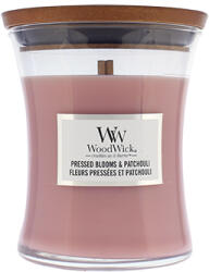WoodWick Pressed Blooms & Patchouli lumânare parfumată cu fitil de lemn 275 g