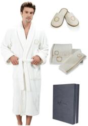 Soft Cotton SEHZADE férfi fürdőköpeny ajándékdobozban + törölköző+ papucs M + papucs (40/42) + törölköző + box Vaj szín - arany hímzés / Gold embroidery