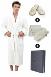 Soft Cotton SEHZADE férfi fürdőköpeny ajándékdobozban + törölköző+ papucs L + papucs (42/44) + törölköző + box Vaj szín - arany hímzés / Gold embroidery