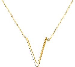 SAVICKI Colier literă V din argint placat cu aur cu safir alb 0.05 ct 45 cm