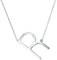 SAVICKI Colier literă R din argint cu safir alb 0.05 ct 45 cm