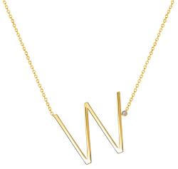 SAVICKI Colier literă W din argint placat cu aur cu safir alb 0.05 ct 45 cm
