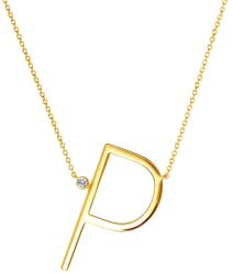 SAVICKI Colier literă P din argint placat cu aur cu safir alb 0.05 ct 45 cm