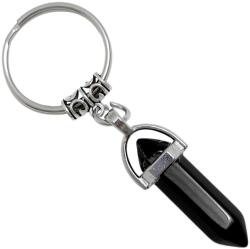  Breloc Obsidian Negru, piatra concentrării și eliberării energiilor negative, metal solid argintiu, 6 cm