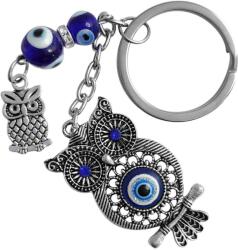 Breloc Bufniță și Ochiul magic norocos, amuletă pentru înțelepciune și dragoste, metal albastru 9.5 cm