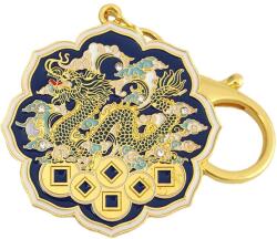 Breloc Dragon Celest pe pat de monezi, amuletă feng shui pentru noroc și bani, metal calitate multicolor 11.5 cm