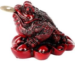  Broasca norocoasa Feng Shui, pe soclu de monede si pepite, statueta piatra 9 cm rosu