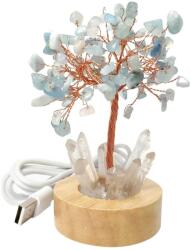  Copacel Acvamarin cu lumini, piatra curajului, obeliscuri cristal pe soclu lemn si cablu USB, bleu Figurina