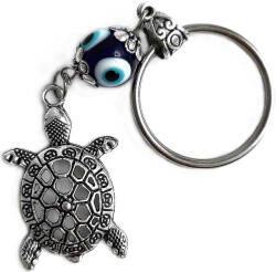 Breloc Broasca țestoasă și Ochiul magic norocos, amuletă pentru protecție de dezechilibru și instabilitate, metal argintiu 9.5 cm