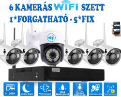  6 Kültéri MIX Wifi 1 forgatható és 5 fix 3MP megfigyelő kamera rendszer, 8 csatornás ONVIF NVR, színes éjszakai látás, H. 265+