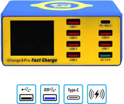 Mechanic iCharge 8 Pro - USB Töltőállomás (6x USB, 1x USB 3.0, 1x USB-C, 1x Vezeték Nélküli Töltő)