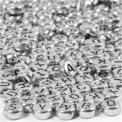 CCHOBBY Betű gyöngyök, ezüst, kerek, fekete betűk, 7mm, 21g/csomag