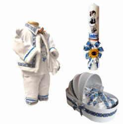 Set costum popular si trusou botez cu lumanare personalizata Baiat cu decor traditional albastru Denikos® C9004 NIK5442 (NIK5442)