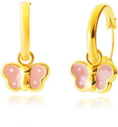 Ekszer Eshop 14K arany fülbevaló - lógó mázas világos rózsaszín pillangók, kis karikák, 12 mm