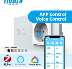 Livolo Intrerupator tactil dublu zigbee si priza schuko smart cu control vocal aplicatia mobila (VL-FC2Z/EZ-4W)