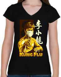 printfashion Kung Fu maszkban - Női V-nyakú póló - Fekete (6604423)