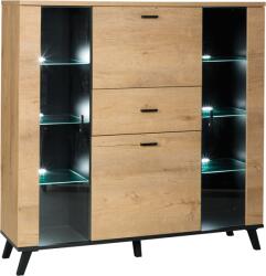 Mobikon Comoda 2 usi 2 vitrine mdf natur stejar lefkas negru Siran 131x40x131 cm (0000263072) Comoda