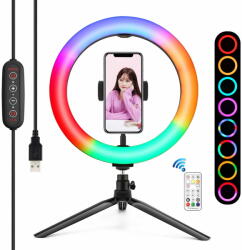 PULUZ 26cm RGB Színes LED Körfény körlámpa Ringlight + Mini-Tripod Állvány (PKT3082B)