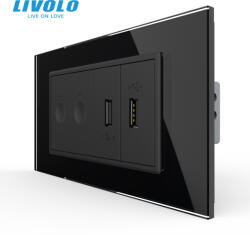 Livolo Intrerupator tactil dublu wireless+ priza dubla USB, 4M, cu rama sticla crystal Livolo (VL-FC2SR-2FCUS-2BP-P9E)