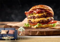 Persona Tapet Premium Canvas - Burger dublu cu bacon si cascaval pe platou de lemn - tapet-canvas - 480,00 RON