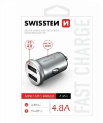 SWISSTEN Autós töltő Swissten fém 4.8A2 USB slot, Silver (20114100)