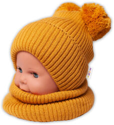 Baby Nellys Iarna tricotate pălărie + batistă - muștar cu pompoane