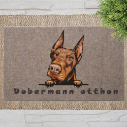 Hegyes fülű Dobermann kutyás lábtörlő barna háttérrel (60 x 40 x 0, 2 cm)