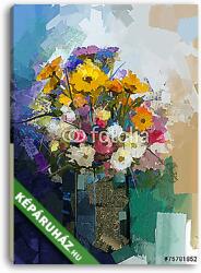 Vászonkép: Premium Kollekció: Váza színes virágcsokorral. (olajfestmény reprodukció)(105x145 cm)