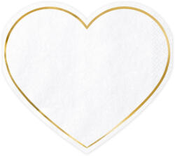 PartyDeco Szalvéta, fehér, szív, arany szegéllyel, 20 db, 14, 5*12, 5 cm