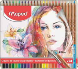 Maped Akvarell ceruza készlet, ecsettel, fém doboz, MAPED Artists, 24 különböző szín
