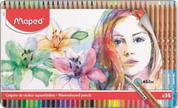 Maped Akvarell ceruza készlet, ecsettel, fém doboz, MAPED Artists, 36 különböző szín