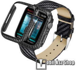 Okosóra szíj / műanyag tok - FEKETE KARBON MINTÁS - valódi bőr szíj, műanyag védő keret, 115mm + 95mm hosszú - APPLE Watch Series 7 (45mm) / Series 8 (45mm) / Series 9 (45mm)