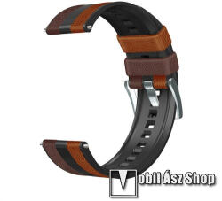 Okosóra szíj - BARNA / FEKETE - szilikon / PU bőrrel bevont - 125mm + 75mm hosszú, 22mm széles - SAMSUNG Galaxy Watch 42mm / Amazfit GTS / Galaxy Watch3 41mm / HUAWEI Watch GT 2 42mm / Watch Active /