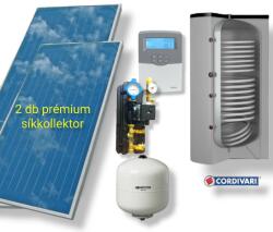 Napcsap 3-5 fő részére Cordivari napkollektor rendszer: 2 db síkkollektor + 200 literes 2 hőcserélős álló bojler + szivattyú állomás + vezérlés + tágulási tartály (SZETT_35_COR_2SK_200ST2_HMV)