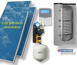 Napcsap 4-6 fő részére Cordivari napkollektor rendszer: 3 db prémium sikkollektor, 300 literes 2 hőcserélős álló bojler, szivattyú állomás, vezérlés, tágulási tartály (SZETT_46_COR_3SIK_300_2ST_HMV)