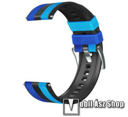  Okosóra szíj - FEKETE / KÉK - szilikon / PU bőrrel bevont - 125mm + 75mm hosszú, 22mm széles - SAMSUNG Galaxy Watch 42mm / Amazfit GTS / Galaxy Watch3 41mm / HUAWEI Watch GT 2 42mm / Watch Active / Ac