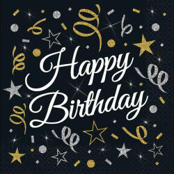 GoDan S. A Szalvéta, fekete, happy birthday felirat, 20 db, 33x33 cm