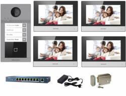 Hikvision Kit complet videointerfon IP Hikvision pentru 4 familii