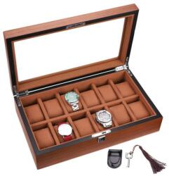Pufo Cutie caseta din lemn pentru depozitare si organizare 12 ceasuri, model Pufo Elite Edition cu cheita, maro